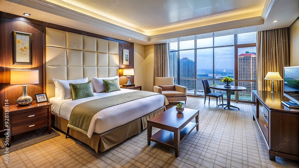 Modern Hotel Room with City View. Modern Hotel Room with City View.