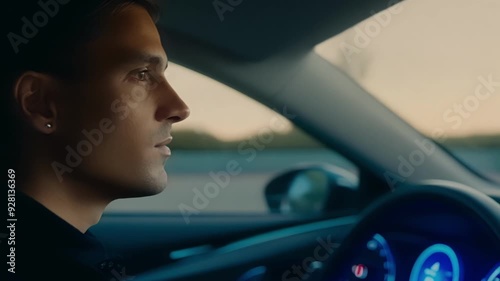 Young businessman drives a modern car at sunset, feeling liberated and adventurous on the open road. The luxurious interior highlights his confident demeanor photo