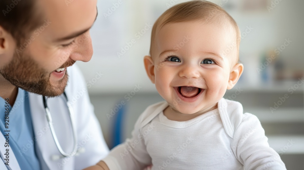 A smiling baby is being held by a doctor A smiling baby is being held by a doctor