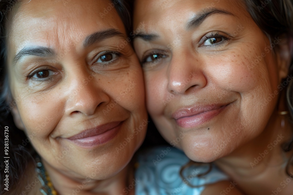 Close up portrait of two smiling women with similar features Close up portrait of two smiling women with similar features