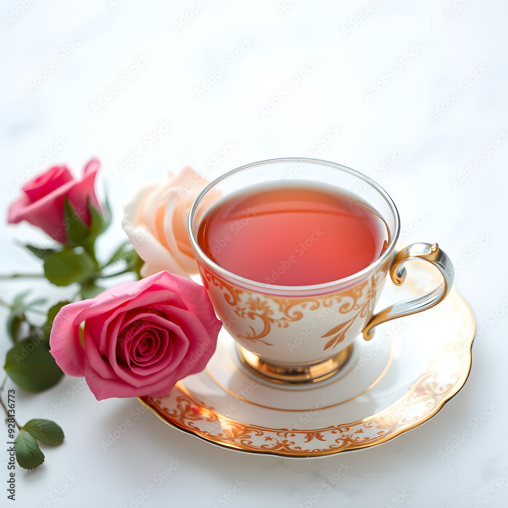 Fototapeta premium Una deliciosa taza de te rodeada de lindas flores encantadoras