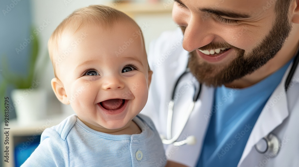 A smiling baby is being held by a doctor A smiling baby is being held by a doctor