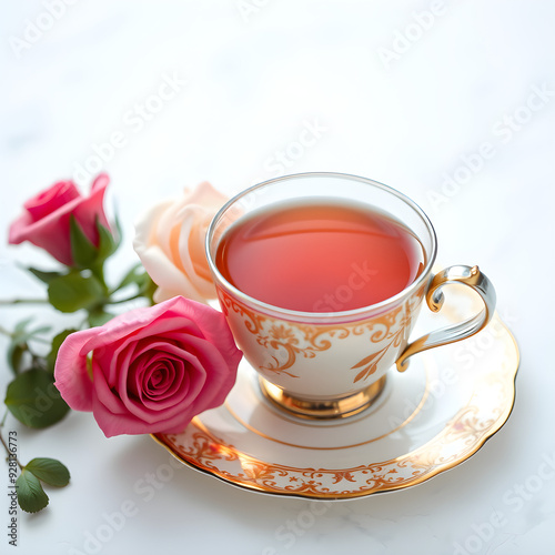 Una deliciosa taza de te rodeada de lindas flores encantadoras photo