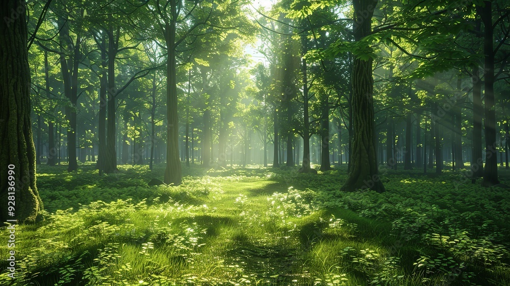 Obraz premium A peaceful green forest with sunlight filtering through the canopy, casting dappled shadows on the forest floor.
