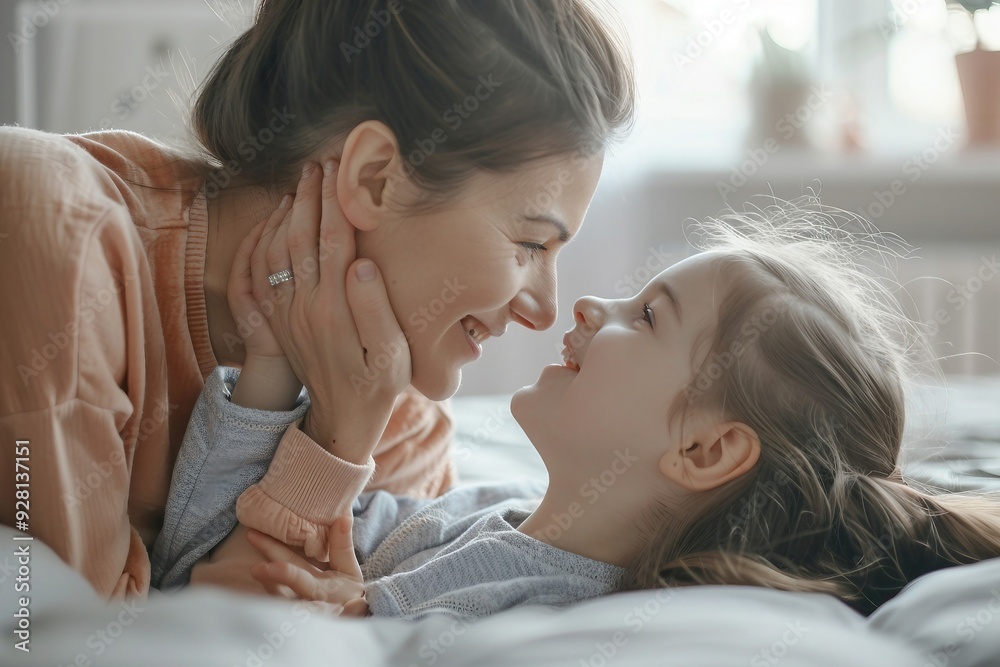 Mother and daughter cuddling and laughing in bed Mother and daughter cuddling and laughing in bed