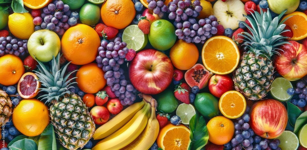 A Colorful Display of Fresh Fruit and Green Leaves A Colorful Display of Fresh Fruit and Green Leaves