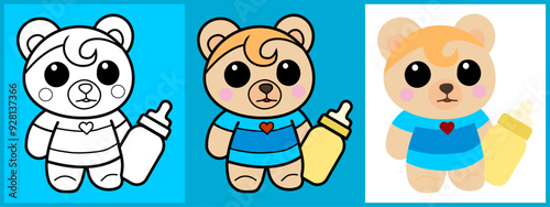Bear Babysitter cartoon character set outline coloring flat vector illustration
