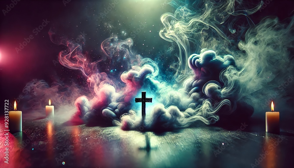 A dramatic, low-key scene where a thick fog rises from a dark, reflective surface, with delicate, ghostly smoke tendrils drifting upwards, merging A dramatic, low-key scene where a thick fog rises from a dark, reflective surface, with delicate, ghostly smoke tendrils drifting upwards, merging