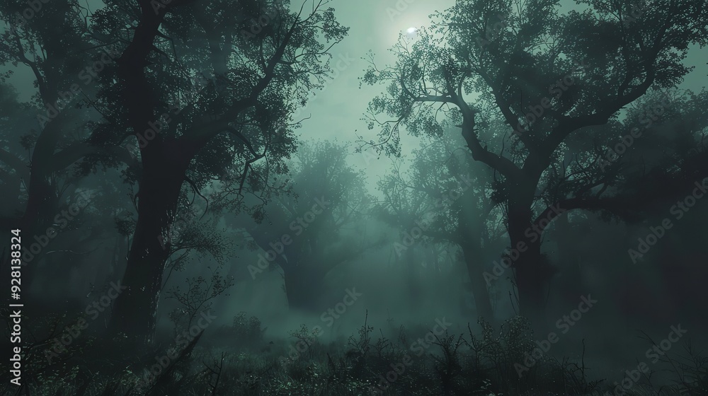 Eery Dark and eerie forest scene on a foggy night with spooky tree Halloween ...
