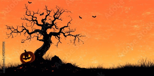 A spooky Halloween scene with a jack-o'-lantern, a bare tree, and bats silhouetted against an orange sunset sky. This image represents mystery, celebration, and the spooky season.