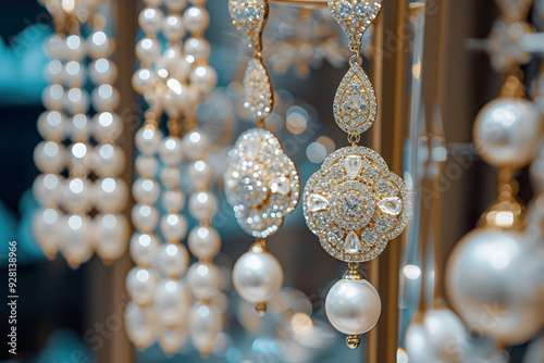chandelier earrings with pearls and sparkling crystals in jewelry store