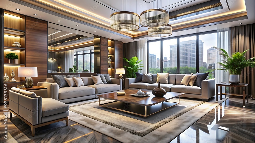 Modern living room with city view and luxurious furniture. Modern living room with city view and luxurious furniture.
