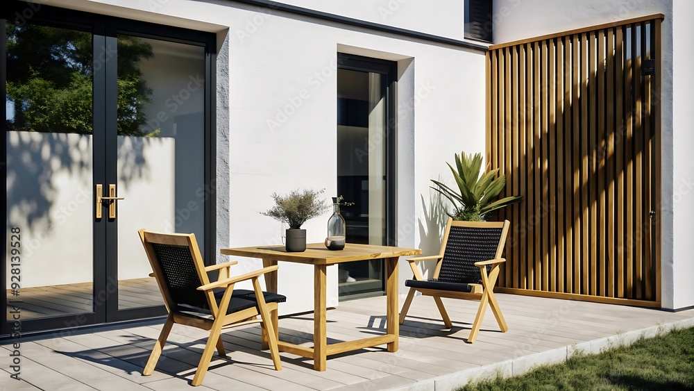 Fototapeta premium Modern Patio Furniture with Wooden Slatted Wall.