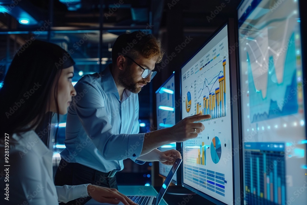 Businesspeople Analyzing Data on Monitors Businesspeople Analyzing Data on Monitors