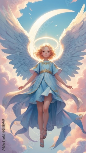 A sweet girl in a Manga style, portrayed as a supreme angel, gracefully descending from the heavens to Earth