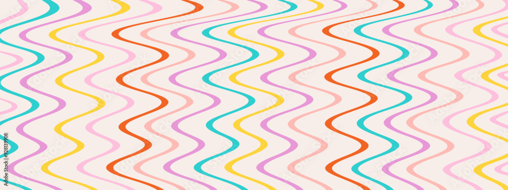 1970 Groovy Wavy Lines Seamless Pattern in Rainbow Colors. Hand Drawn Vector Illustration. Seventies Style, Groovy Background, Wallpaper. Flat Design, Hippie Aesthetic.