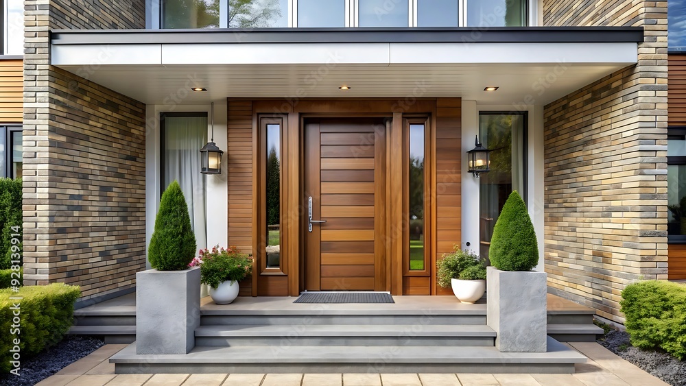 Modern House Entrance with Brick Wall and Wooden Door. Modern House Entrance with Brick Wall and Wooden Door.