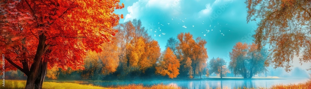A serene landscape showcasing vibrant autumn trees reflecting on tranquil water under a clear blue sky. A serene landscape showcasing vibrant autumn trees reflecting on tranquil water under a clear blue sky.