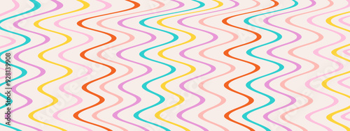 1970 Groovy Wavy Lines Seamless Pattern in Rainbow Colors. Hand Drawn Vector Illustration. Seventies Style, Groovy Background, Wallpaper. Flat Design, Hippie Aesthetic.