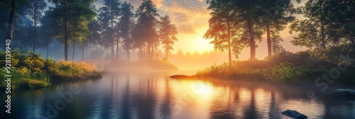 A tranquil scene of a misty forest lake at sunrise, with golden sunlight filtering through the trees, reflecting on the calm water.