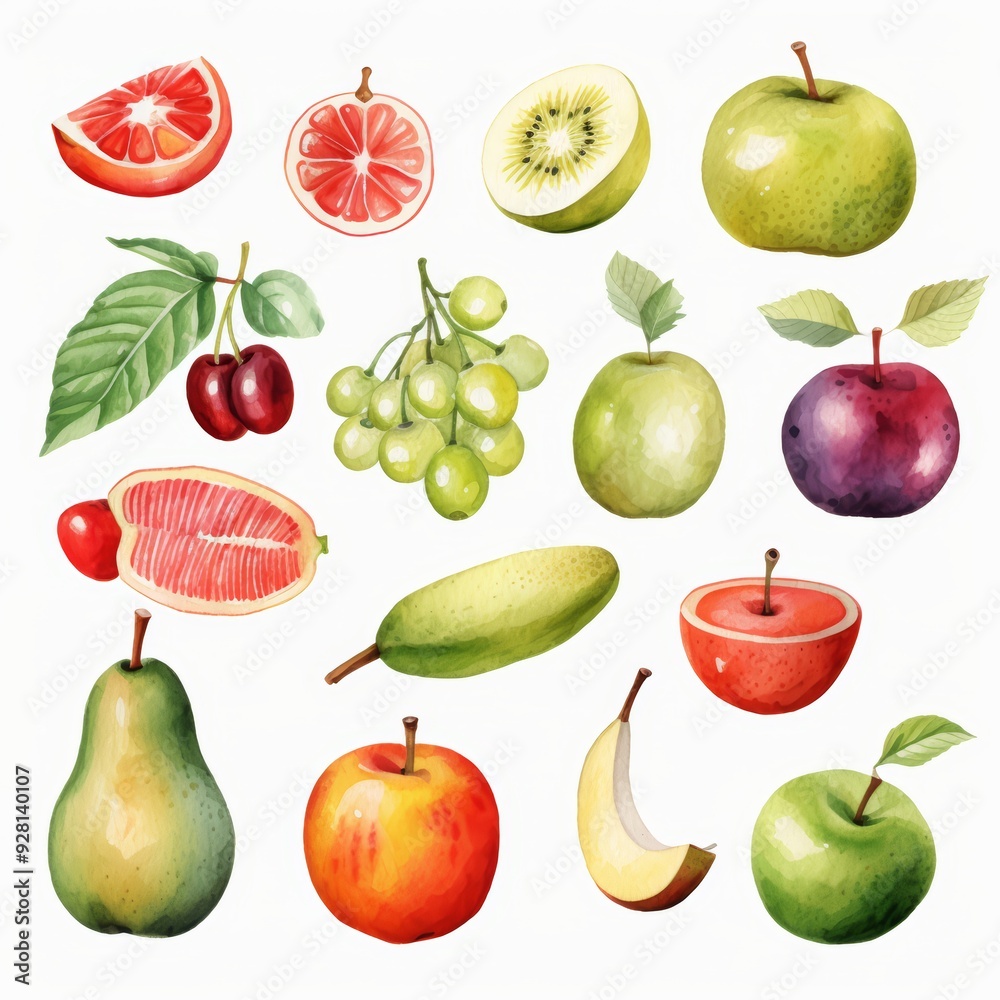 Watercolor illustration of various fruits and berries on a white background.
