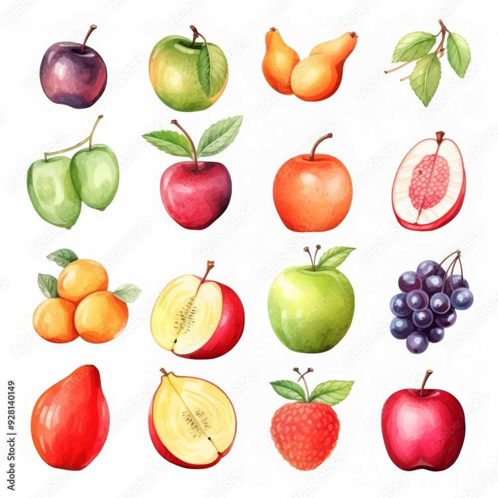 Watercolor illustration of various fruits and berries. Watercolor illustration of various fruits and berries.
