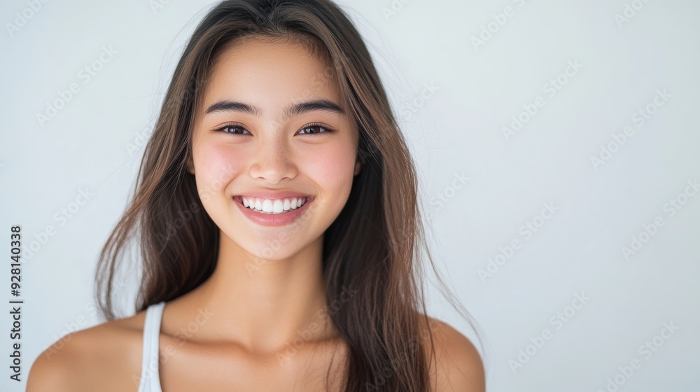 young woman with long, dark hair poses confidently in a bright, minimalist studio. Her radiant smile and natural beauty are emphasized by the simple white outfit she wears. young woman with long, dark hair poses confidently in a bright, minimalist studio. Her radiant smile and natural beauty are emphasized by the simple white outfit she wears.