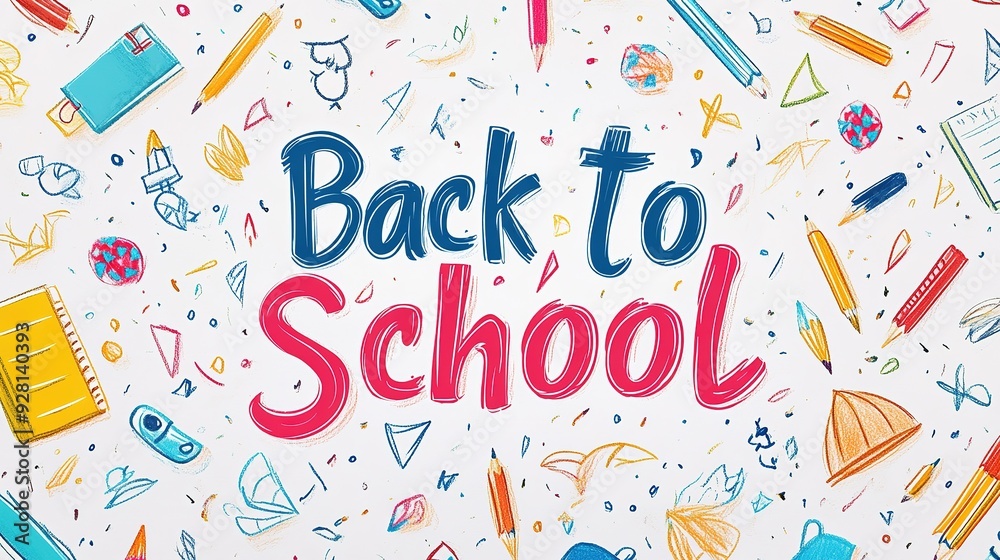 Concept of education. School background with hand drawn school supplies and comic speech Concept of education. School background with hand drawn school supplies and comic speech