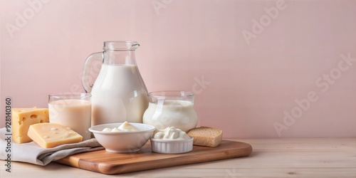 Organic dairy products, milk and cheese on wooden board, 3D illustration, copy space for text, no text, no logo