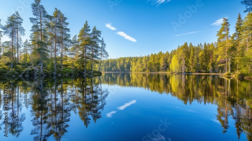 A tranquil lake surrounded by towering pine trees, their reflections mirrored perfectly in the still water under a clear blue sky.