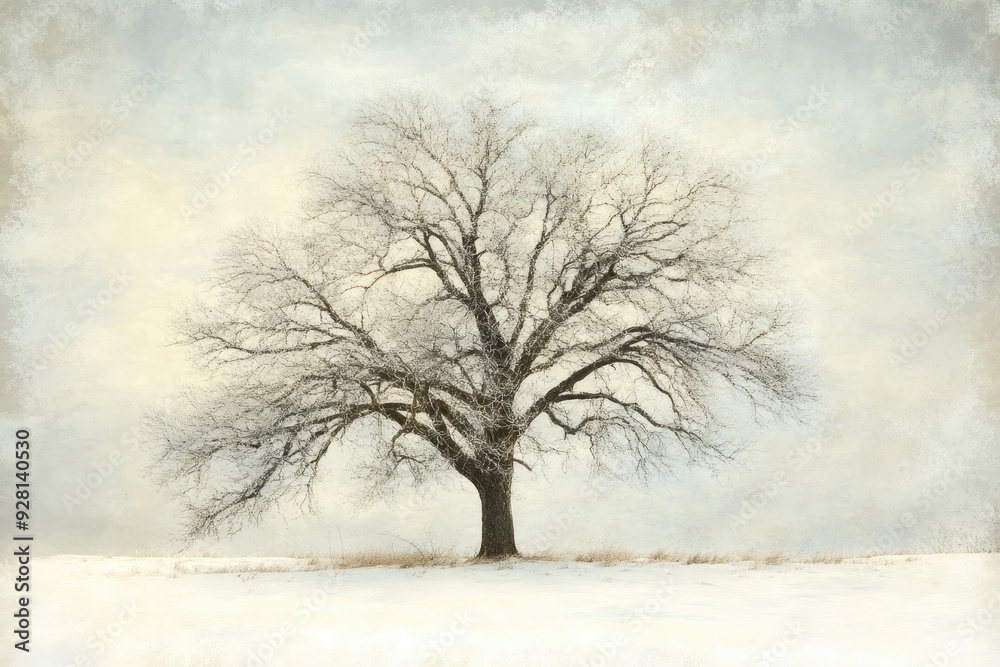 A Single Bare Tree Stands in a Snowy Field A Single Bare Tree Stands in a Snowy Field