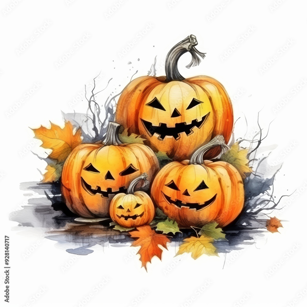 Watercolor illustration of three jack-o-lanterns with smiling faces surrounded by autumn leaves and branches. Watercolor illustration of three jack-o-lanterns with smiling faces surrounded by autumn leaves and branches.