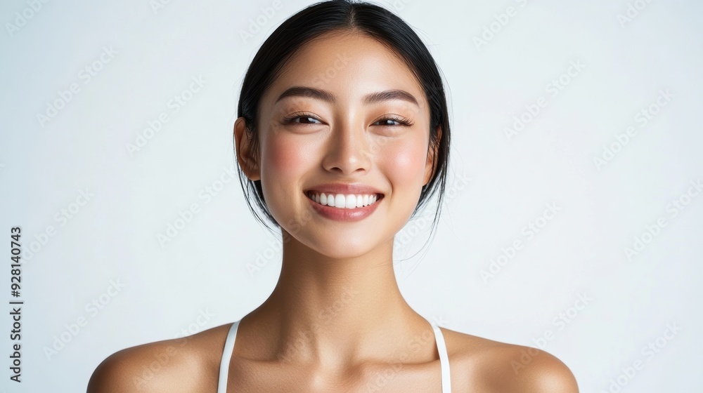 young woman with long, dark hair poses confidently in a bright, minimalist studio. Her radiant smile and natural beauty are emphasized by the simple white outfit she wears. young woman with long, dark hair poses confidently in a bright, minimalist studio. Her radiant smile and natural beauty are emphasized by the simple white outfit she wears.
