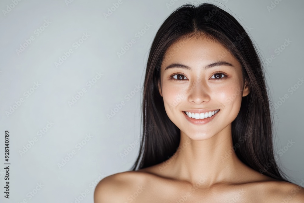 young woman with long, dark hair poses confidently in a bright, minimalist studio. Her radiant smile and natural beauty are emphasized by the simple white outfit she wears. young woman with long, dark hair poses confidently in a bright, minimalist studio. Her radiant smile and natural beauty are emphasized by the simple white outfit she wears.