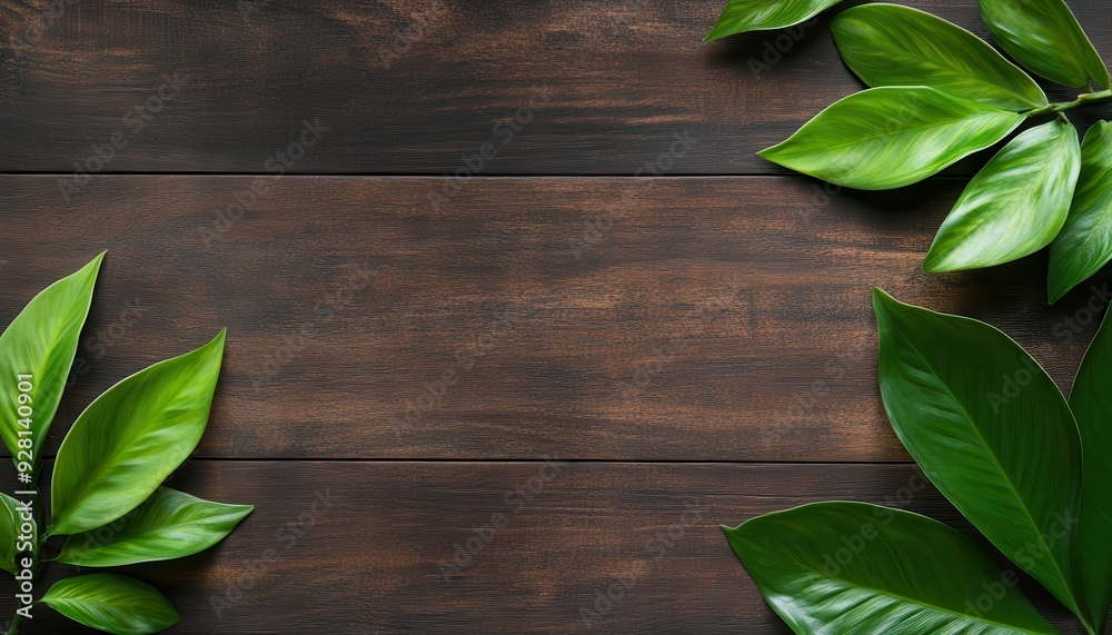 A serene wooden background adorned with vibrant green leaves, perfect for natural themes, wellness, or eco-friendly designs.