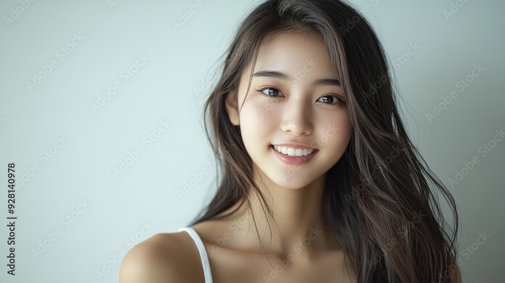 young woman with long, dark hair poses confidently in a bright, minimalist studio. Her radiant smile and natural beauty are emphasized by the simple white outfit she wears. young woman with long, dark hair poses confidently in a bright, minimalist studio. Her radiant smile and natural beauty are emphasized by the simple white outfit she wears.