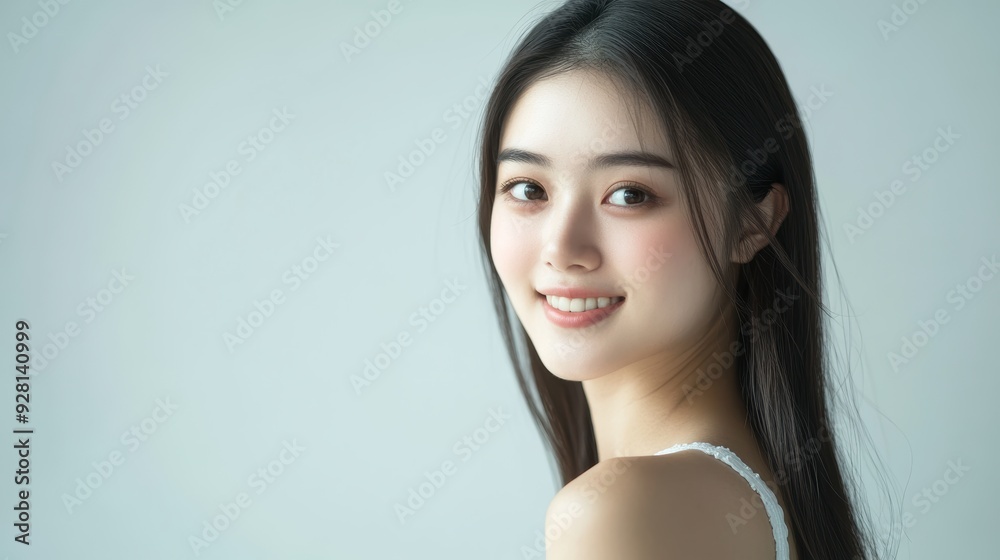 young woman with long, dark hair poses confidently in a bright, minimalist studio. Her radiant smile and natural beauty are emphasized by the simple white outfit she wears. young woman with long, dark hair poses confidently in a bright, minimalist studio. Her radiant smile and natural beauty are emphasized by the simple white outfit she wears.