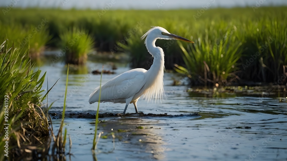 Elegant egrets wading through a serene wetland. A majestic great egret with striking white plumage and a yellow bill stands gracefully in a serene wetland surrounded by lush greenery and still water. Elegant egrets wading through a serene wetland. A majestic great egret with striking white plumage and a yellow bill stands gracefully in a serene wetland surrounded by lush greenery and still water.