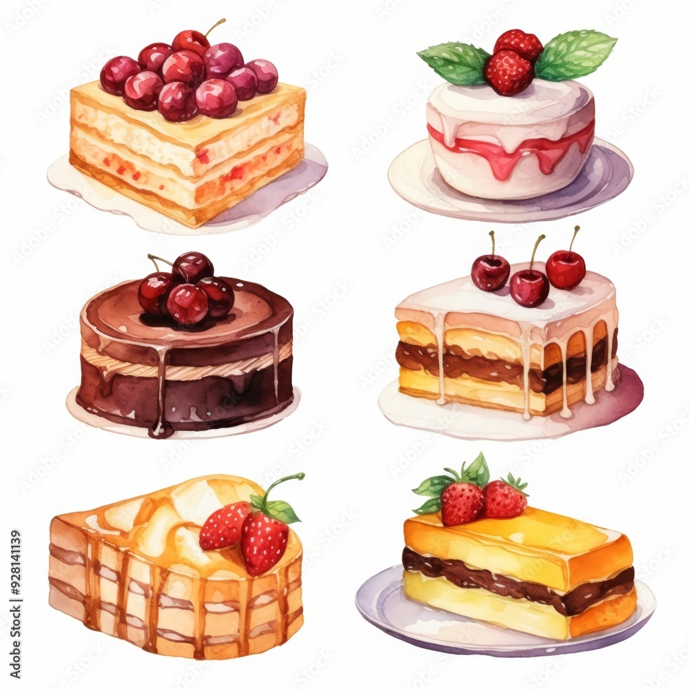 Watercolor illustration of six different cake slices with various toppings like cherries and strawberries.