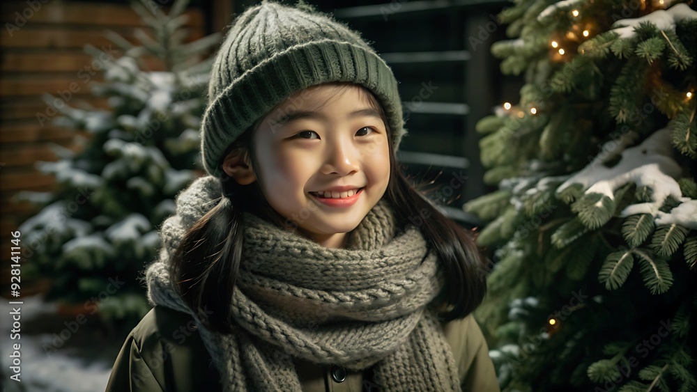 Happy Girl in Winter Outfit Smiling at Christmas Tree Happy Girl in Winter Outfit Smiling at Christmas Tree
