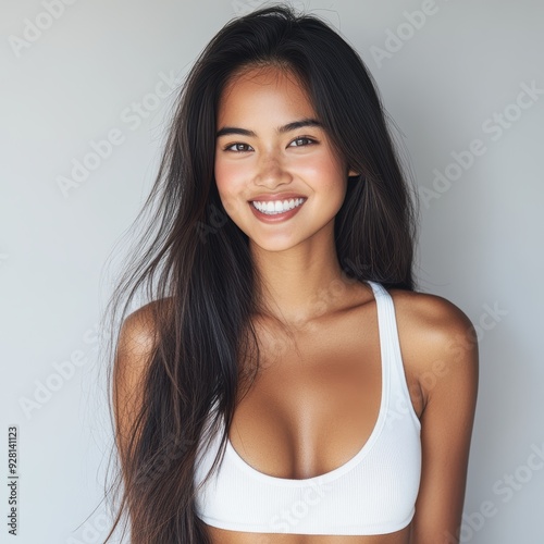 young woman with long, dark hair poses confidently in a bright, minimalist studio. Her radiant smile and natural beauty are emphasized by the simple white outfit she wears.