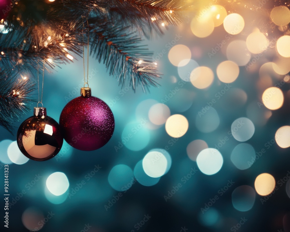A stunning close-up of festive ornaments hanging on a Christmas tree, surrounded by a dreamy bokeh background of glowing lights. A stunning close-up of festive ornaments hanging on a Christmas tree, surrounded by a dreamy bokeh background of glowing lights.