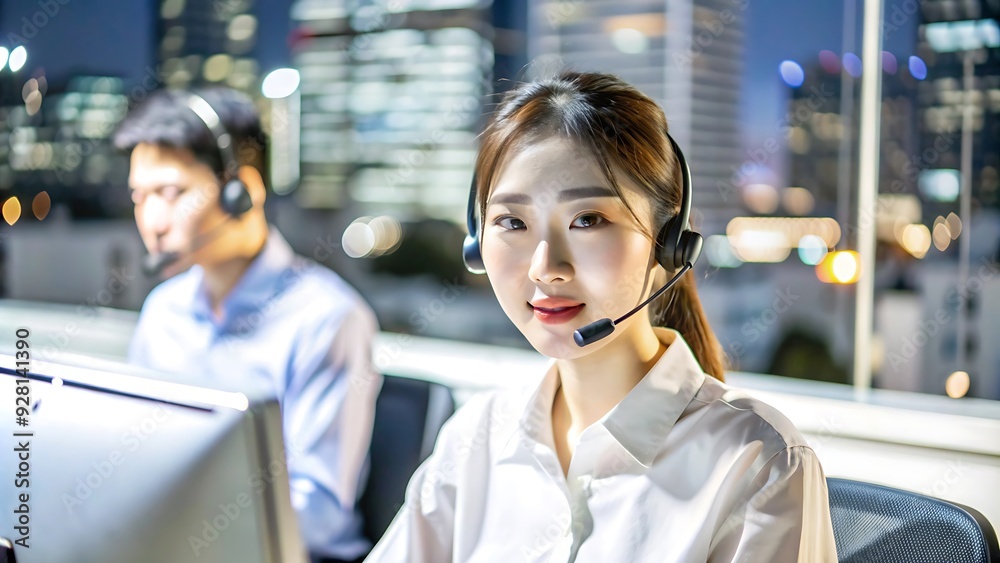 Young businesswoman working late at night in office. Young businesswoman working late at night in office.