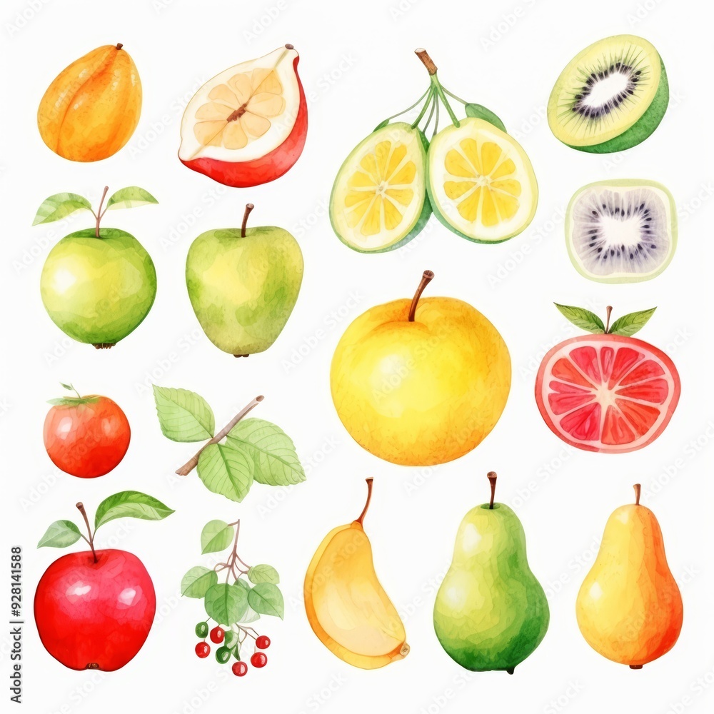 Watercolor Illustration of Fresh Fruits Isolated on White Background.