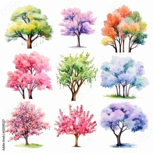 Watercolor illustration of nine colorful trees isolated on white background. photo