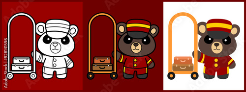 Bear Bellhop cartoon character set outline coloring flat vector illustration