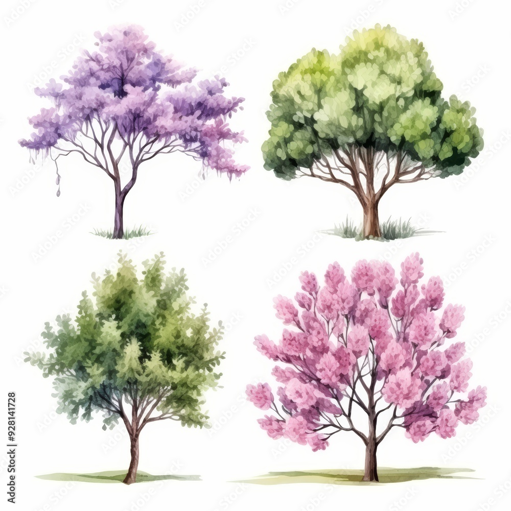 Obraz premium Watercolor illustration of four trees with purple and pink flowers, green leaves.