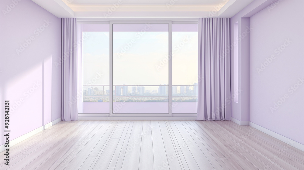 An empty room with pale lavender walls, a large floor-to-ceiling window An empty room with pale lavender walls, a large floor-to-ceiling window