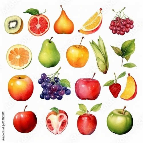 Watercolor Illustration of Different Fruits and Berries.