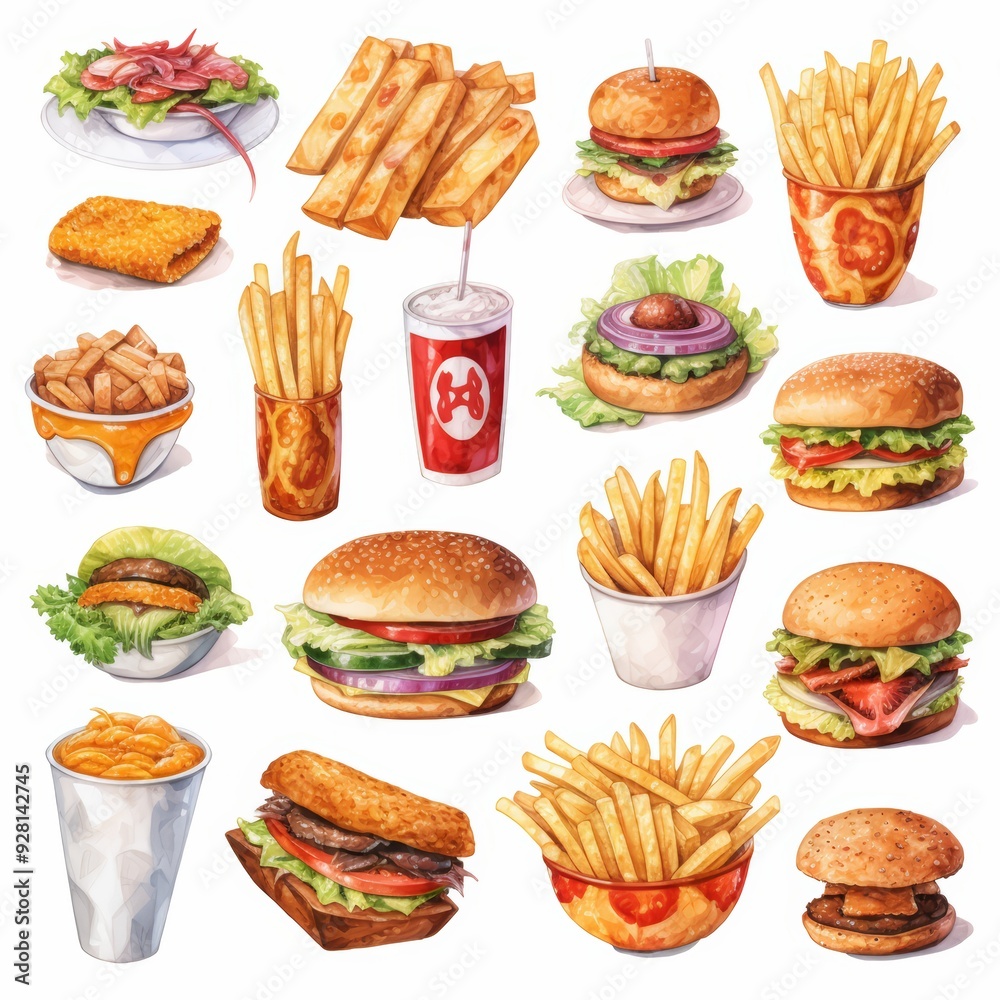 Watercolor illustration of a variety of fast food items including burgers, fries, and a milkshake. Watercolor illustration of a variety of fast food items including burgers, fries, and a milkshake.